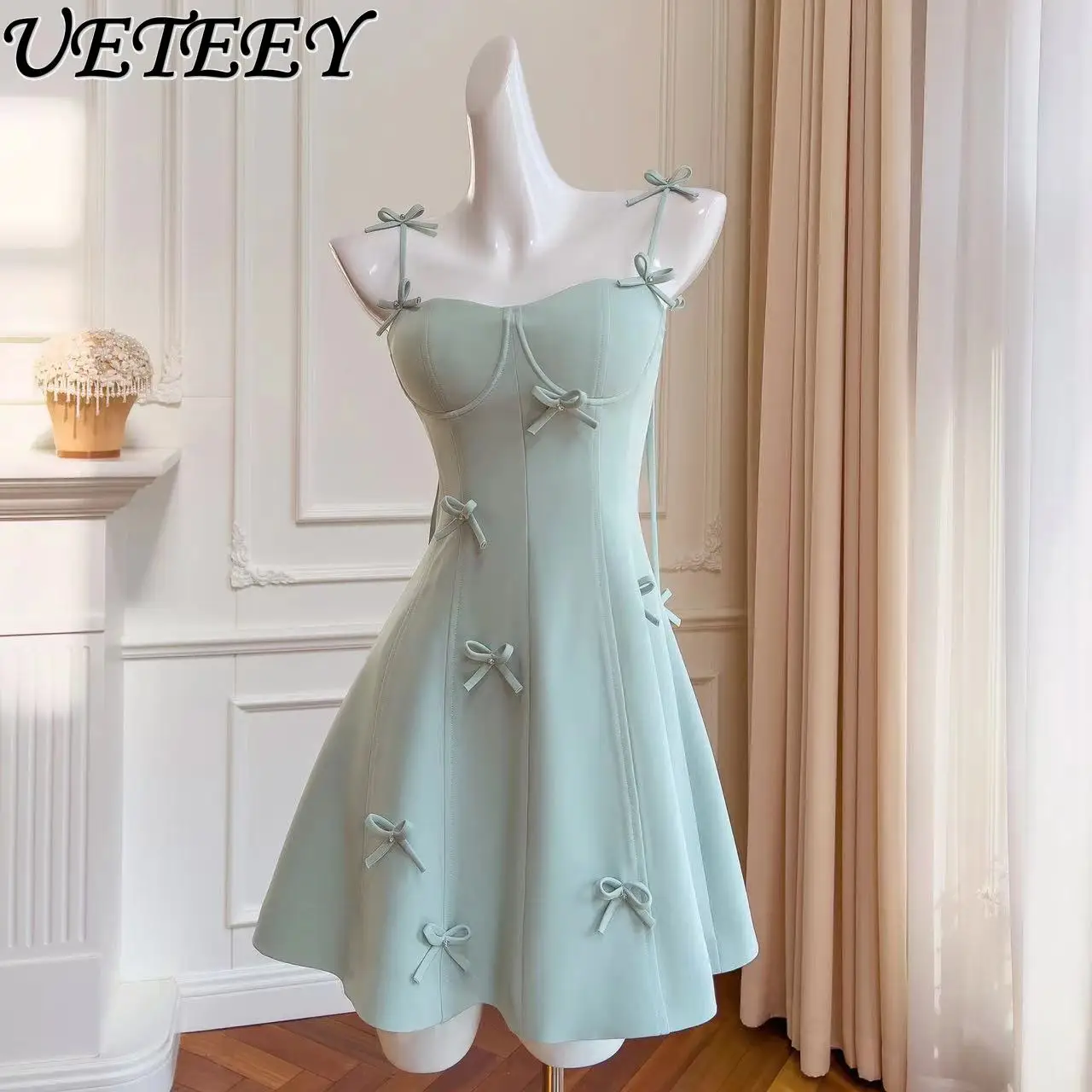 

French Style Bow Suspenders Dress Female Summer New Slim Fit Waist-Controlled Slimming Elegant A- Line Dresses for Women