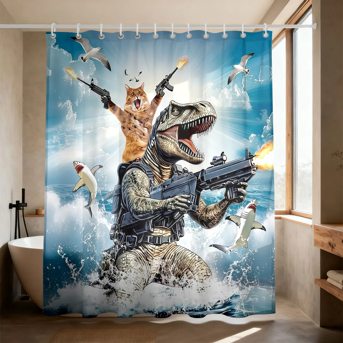 1pc Funny Cat Shark Print  Bathroom Window Covering Curtain Decor Shower Curtain Partition Privacy Hanging Curtains 12 Hooks