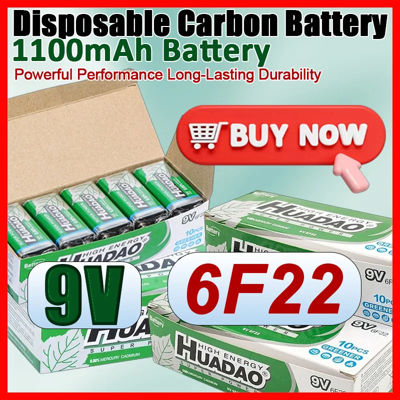 

9V Battery 6F22 1100mAh Carbon Zinc, for Multimeter Alarm Detector, KTV Toy Microphone, 2-Pack Long Lasting