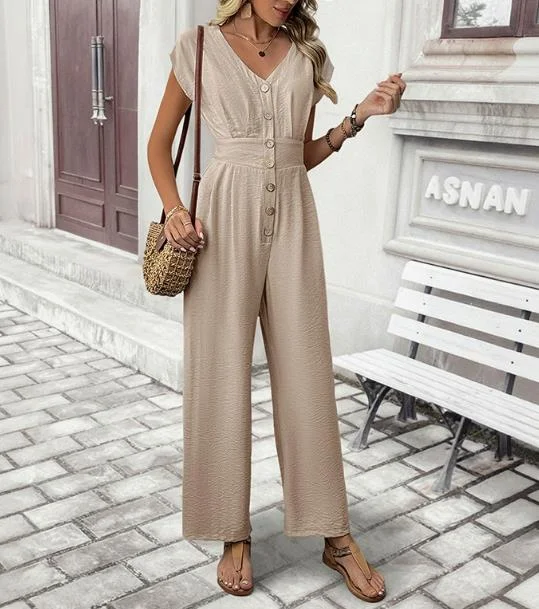 

Женский летний комбинезон-боди классического кроя, однотонный, элегантный, повседневный, с пуговицами спереди, облегающий, с высокой талией, прямые штанины