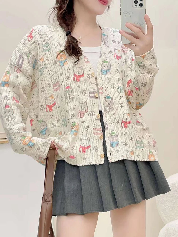 New Autumn Cotton Long Sleeve Sweater, Women V Neck Cartoon Tops, Mori Girl Loose Commute Warm Cardigan, 2024 Winter T48682QC