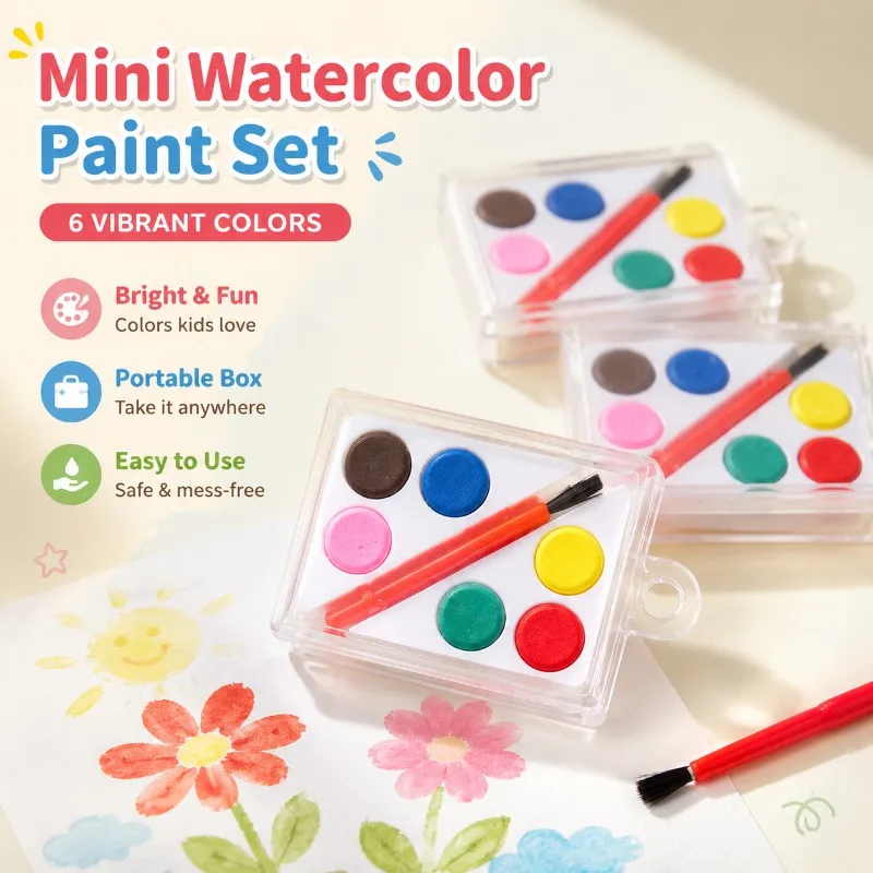 6 Color Solid Watercolor Paints Set for Kids DIY Painting, Transparent Box Portable Palette, Mini Cake Paint Set