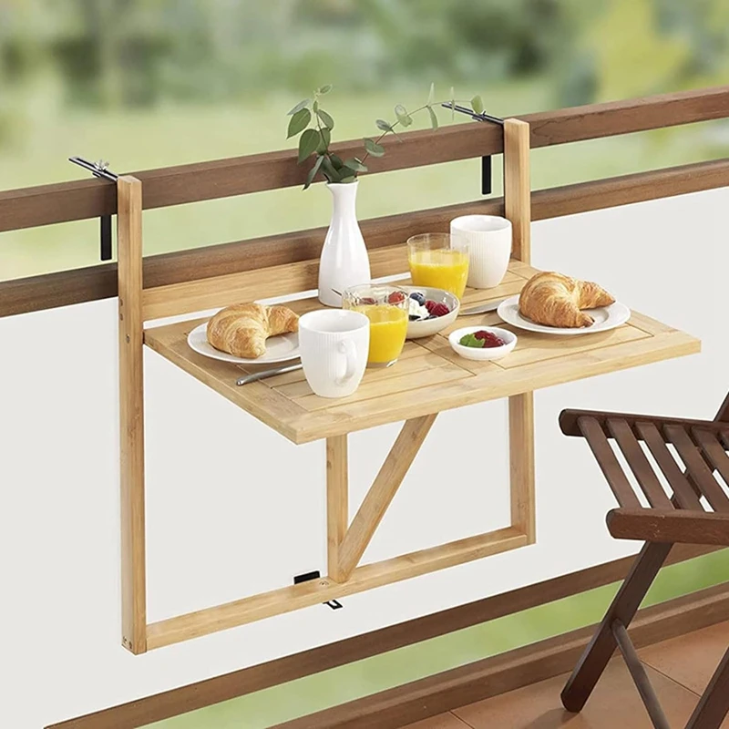 Bamboo Balcony Folding Table, Outdoor Hanging Wooden Folding Railing Table Balcony Deck Table