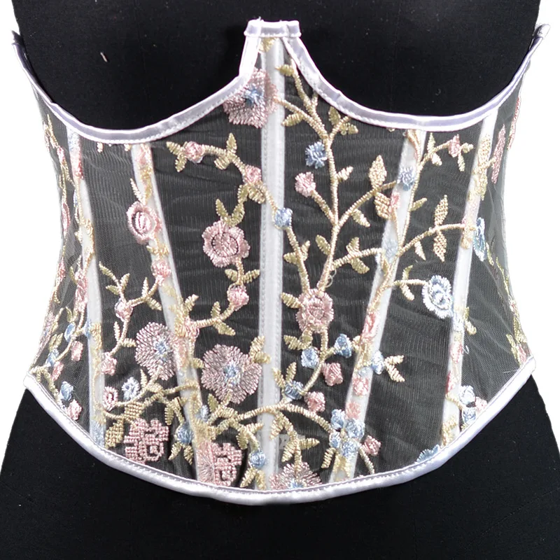 Embroidery Floral Corset Waist Trainer Mesh Transperant Underbust Bustier Top Curve Shaper Strap Slimming Cincher Girdle Korse