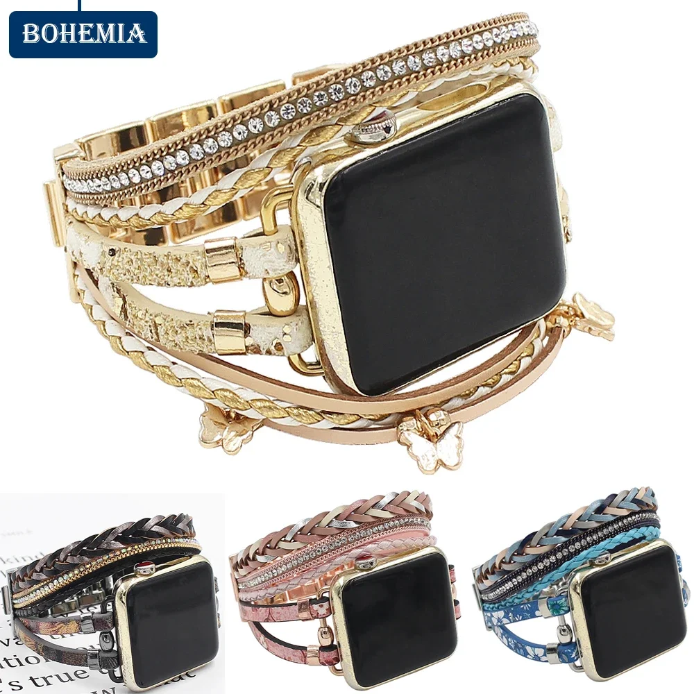 Bohemia Strap For Apple Watch ultra 2 49mm 45mm 44mm-41-40-42mm women Luxury Leather bracelet iwatch series 9 8 7 5 4 6 SE band