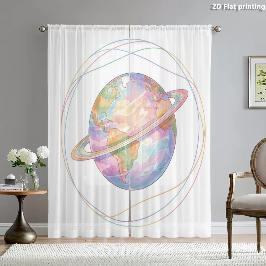 2PCS Digital Print Sheer Curtain, Macaron Planet, Whimsical Fantasy Window Curtains for Living Room Bedroom Home Decor