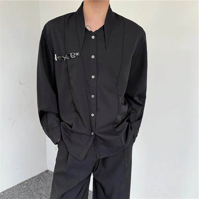 LUZHEN Personalized Two 2026 Neck Fake High Piece Quality Design Long Sleeve Shirts Men's Solid Color Elegant Casual Tops JY8253