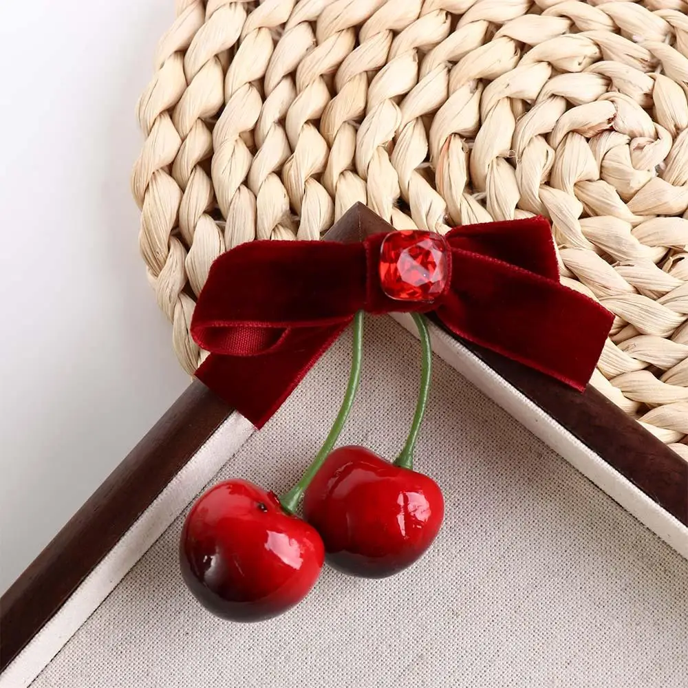 

Bowknot Cherry Hairpin Vintage Cloth Red Velvet Velvet Bow Hair Clip Barrettes Korean Style Headwear Student