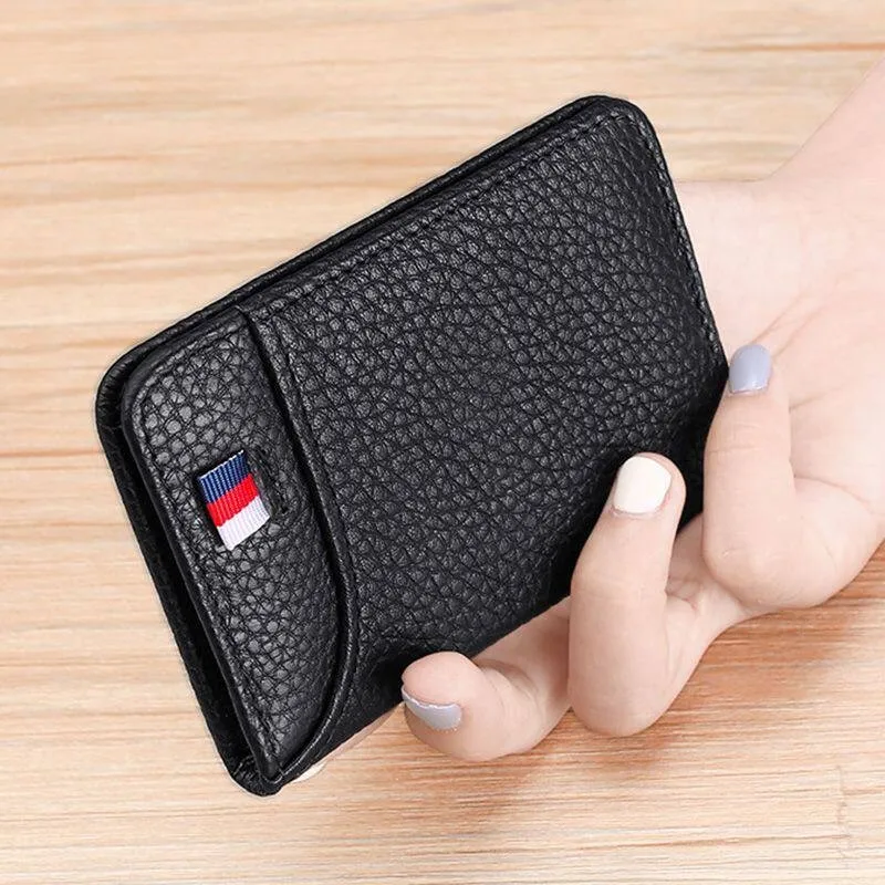 Pebbled genuine leather bi-fold card holder, unisex, multi-slot for cards & ID, slim & sleek, portable for work & gift.