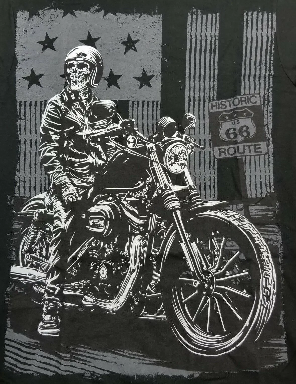 Route 66 American Flag Motorcycle Skull Rider T-Shirt 100% Cotton O-Neck Short Sleeve Casual Mens T-shirt Size S-3XL