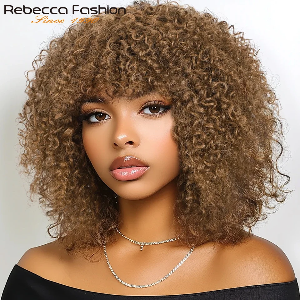 

Brazilian Afro Kinky Curly Light Brown Human Hair Bob Wigs Highlight P4/27 Remy Hair With Bang 250% Density Ombre 30# QVR Hair