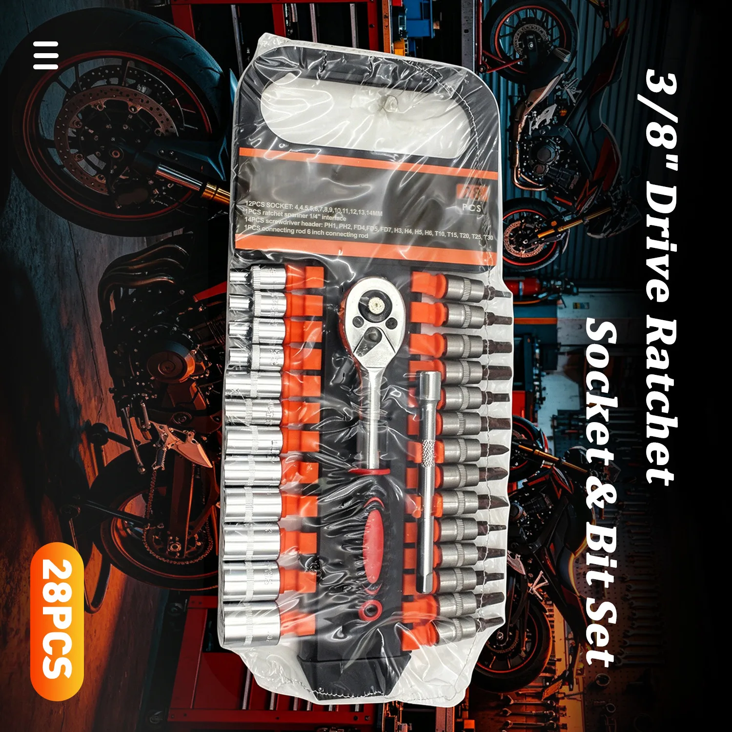 

28Pcs Drive Chrome Plated Ratchet Socket Wrench Set Short Spanner Hand Tool Kit for Car Motorcycle Bicycle&Household Repair