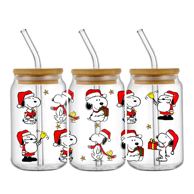 Fashion Cartoon Snoopy 16OZ UV DTF Cup Wraps Transfer Sticker For Glass Libbey Can Bottle Selfadhesive Washable DIY Custom