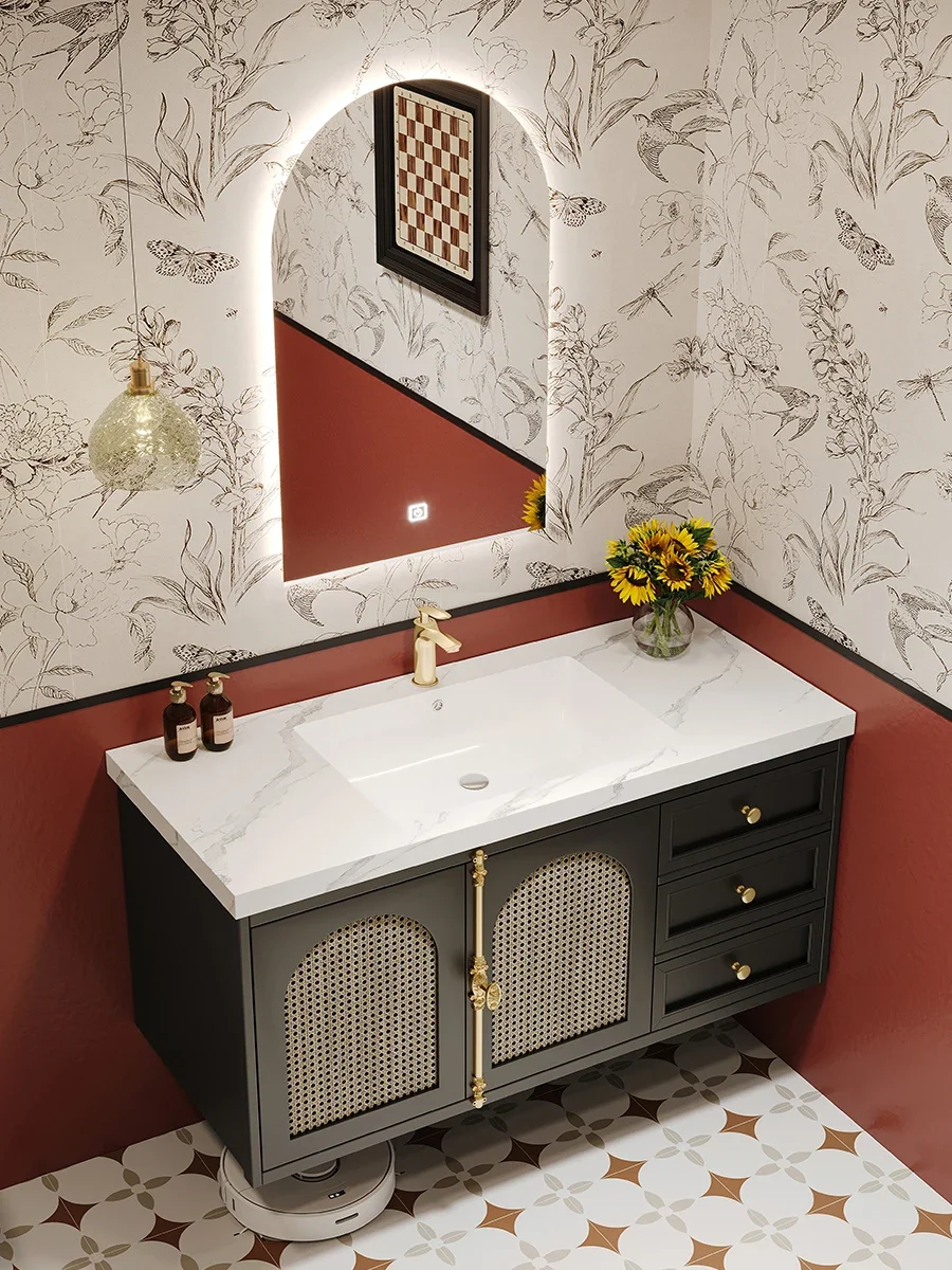 American retro bathroom cabinet combination rock slab seamless ceramic integrated basin washstand hand washbasin