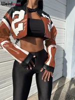 Weird Puss Faux Leather Varsity Jacket Women Hipster Letter Print Autumn Casual Sporty Wild Streetwear Uniform Trend Crop Coat 4