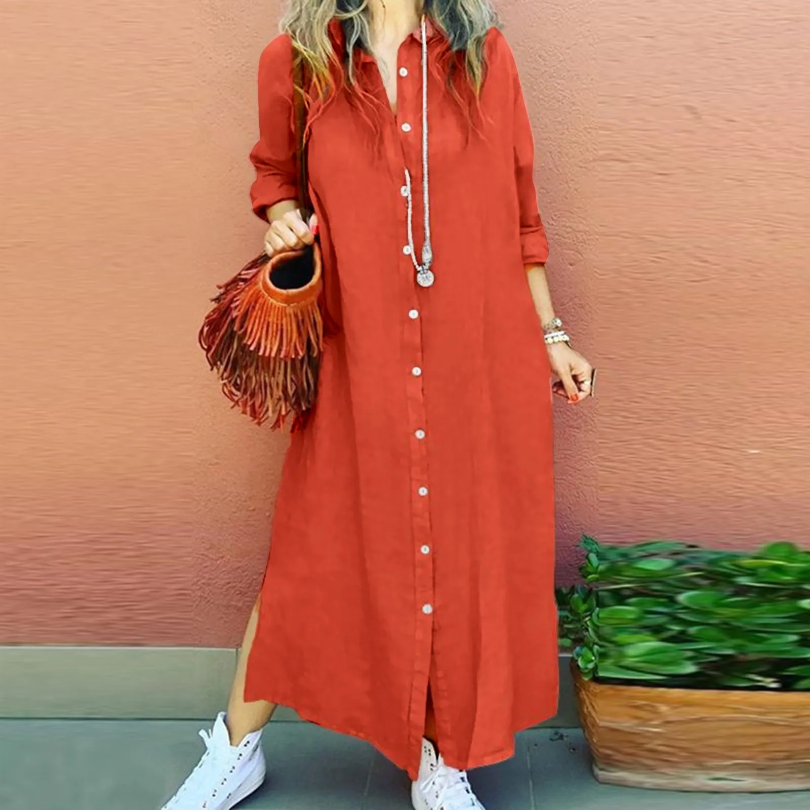 Summer Shirt Long Dress Women Casual Long Sleeve Side Split Button Dresses 2023 Female Elegant Solid Color Pocket Loose Dresses