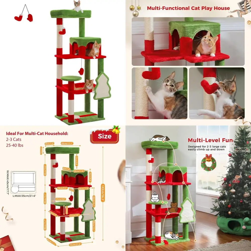 

Indoor Christmas-Themed Cat Tree, 56.3 Tall, Multi-Level with Large 20x16 Hammock and Sisal Cover for Cats