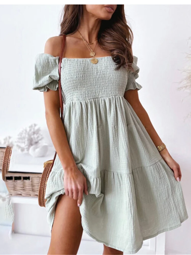 Sexy Slash Neck Summer Dress Fashion Casual Loose White Black Beach Mini Dresses For Women 2024 Elegant Short Sleeve Robe Femme