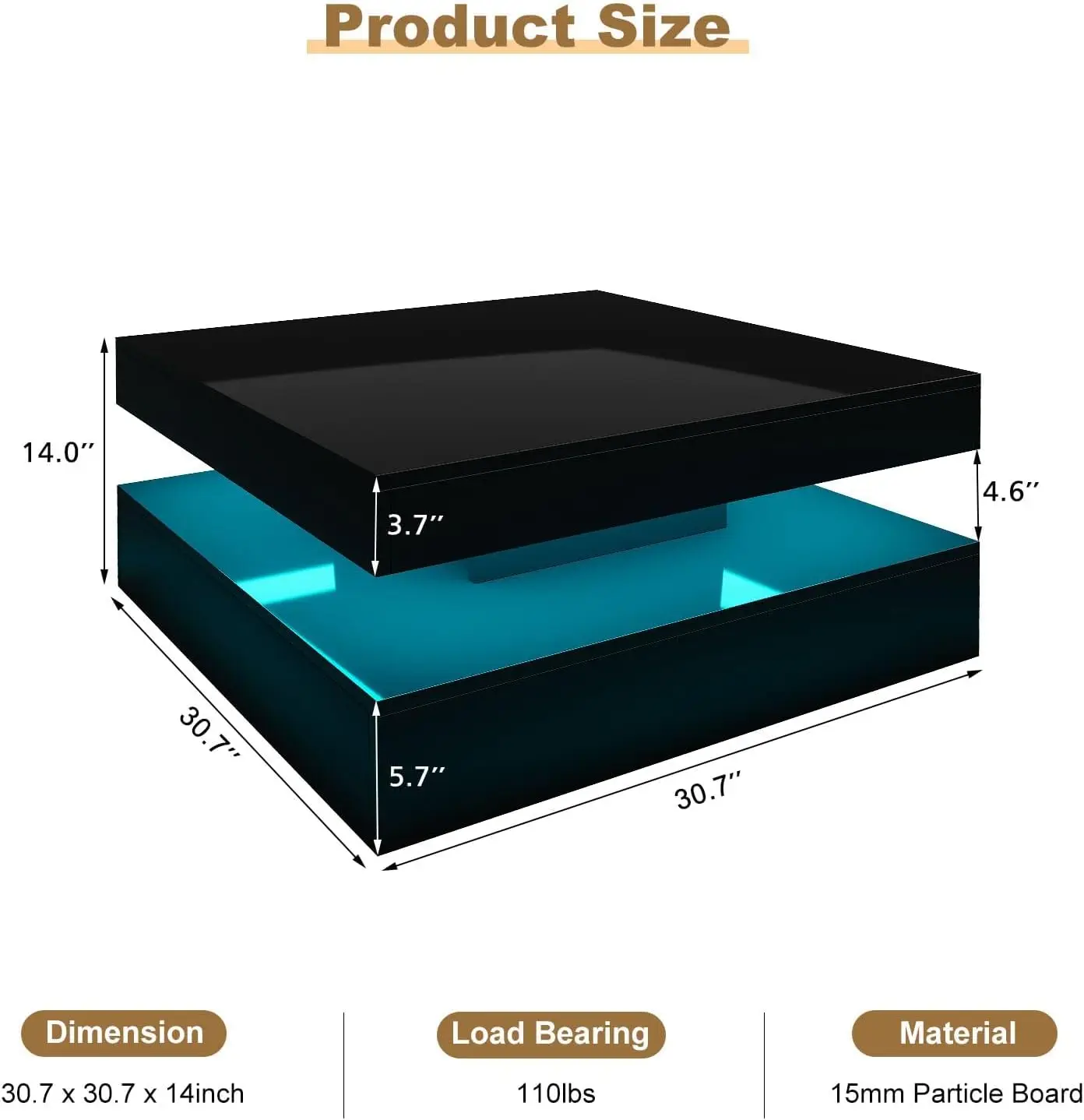 Black LED Coffee Table for Living Room, Wood Square 2-Tier Storage Modern Center Table, Glossy Contemporary Coffee Table