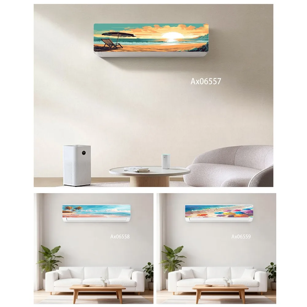 Oil Painting Tropical Beach Seaside Air Conditioner Sticker, Self-Adhesive Full Cover Ocean Landscape AC Decal for Bedroom Decor