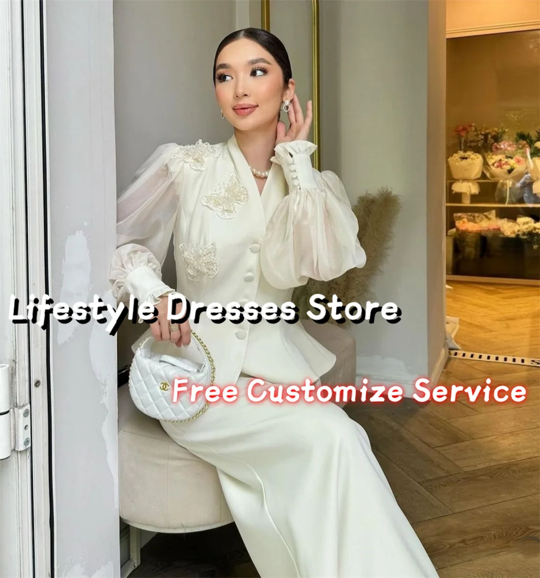 Customized Ivory Buttons Butterfly Appliques Prom Dress Long Sleeves Straight Formal Dresses Wedding Guest 2024 Party Gown