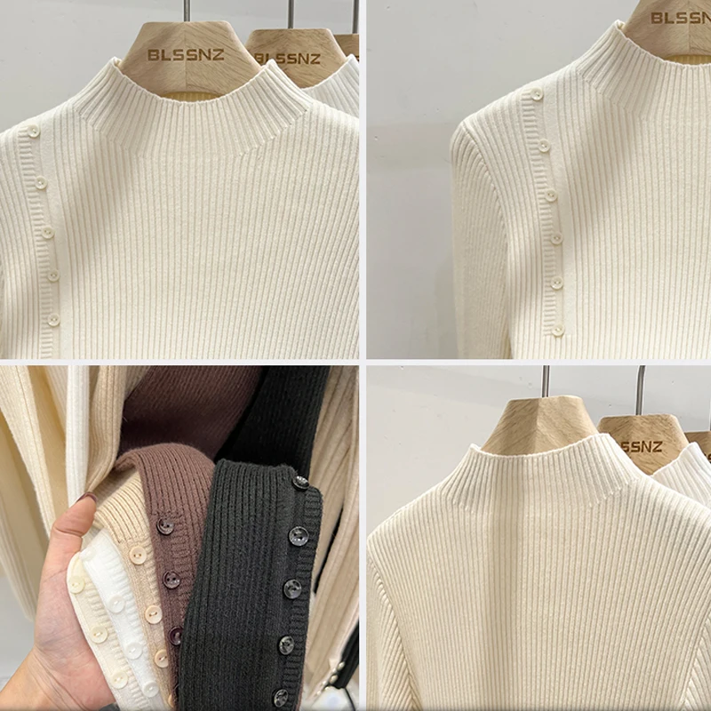 2024 Autumn/Winter New Fashionable Sweater Elegant White Slim Fit Inner Bottom Sweater Casual Button Knitted Pullover Tops