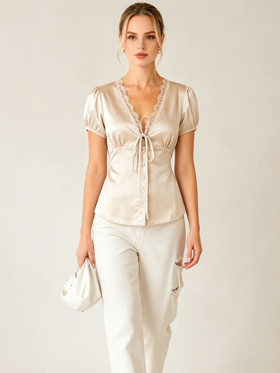 

2026 New French Style Satin Lace V Neck Top Puff Sleeve Bow Tie Blouse For Women for cusual