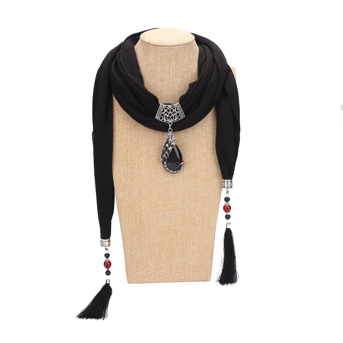 Collar con colgante de piedra natural Para Mujer, bufanda con flecos, bufandas con cuentas, joyería étnica, Pashminas Para Mujer