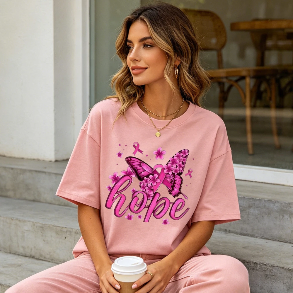 Hope Floral Butterfly Pink Ribbon Graphic Women Summer Cotton T Shirt Breast Cancer Positive Short Sleeve Casual Top