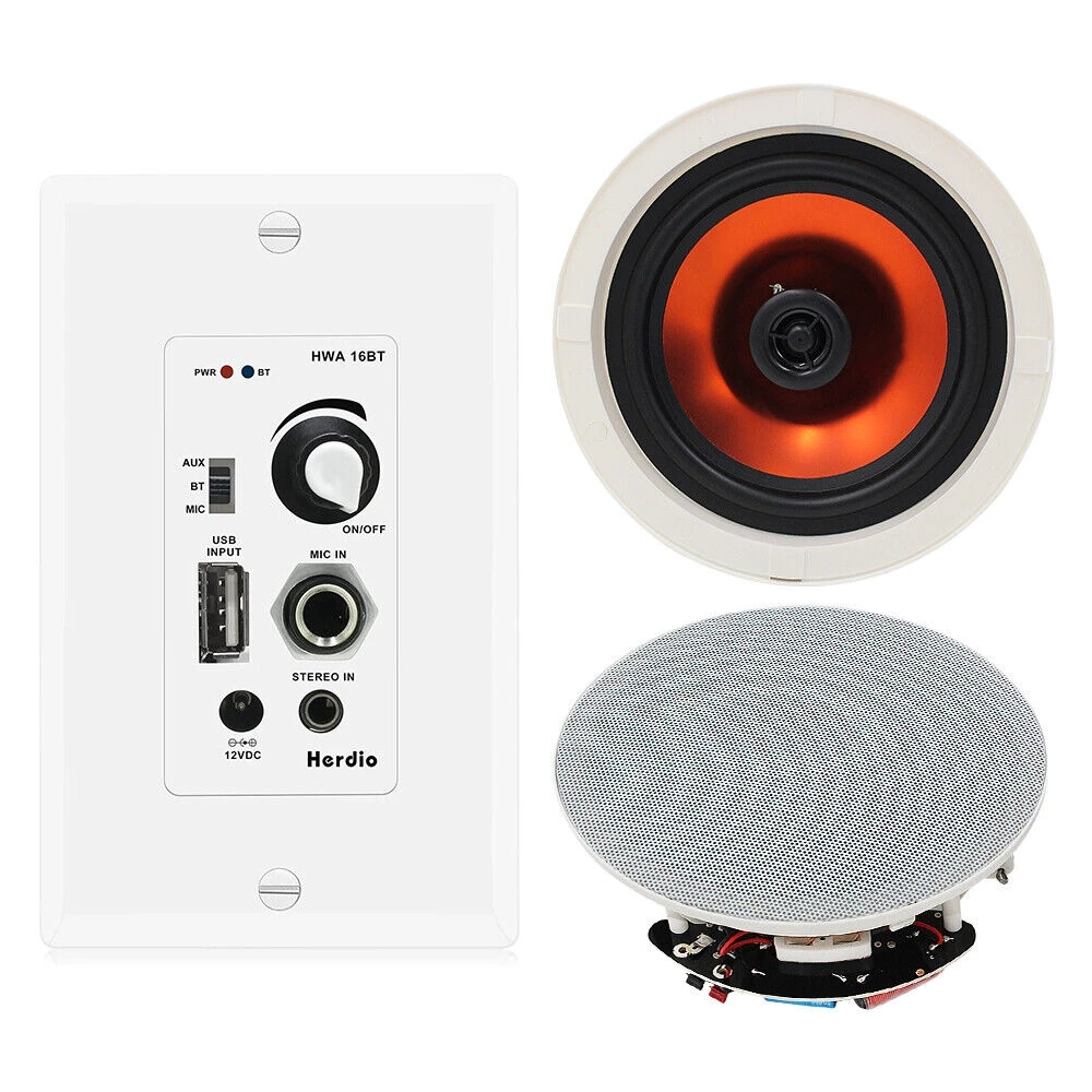 Herdio 6.5 Inch 2PCS Ceiling Speakers Bluetooth 320 Watt Flush Mount In Wall Amplifier Receiver Perfect For Indoor Home Bathroom