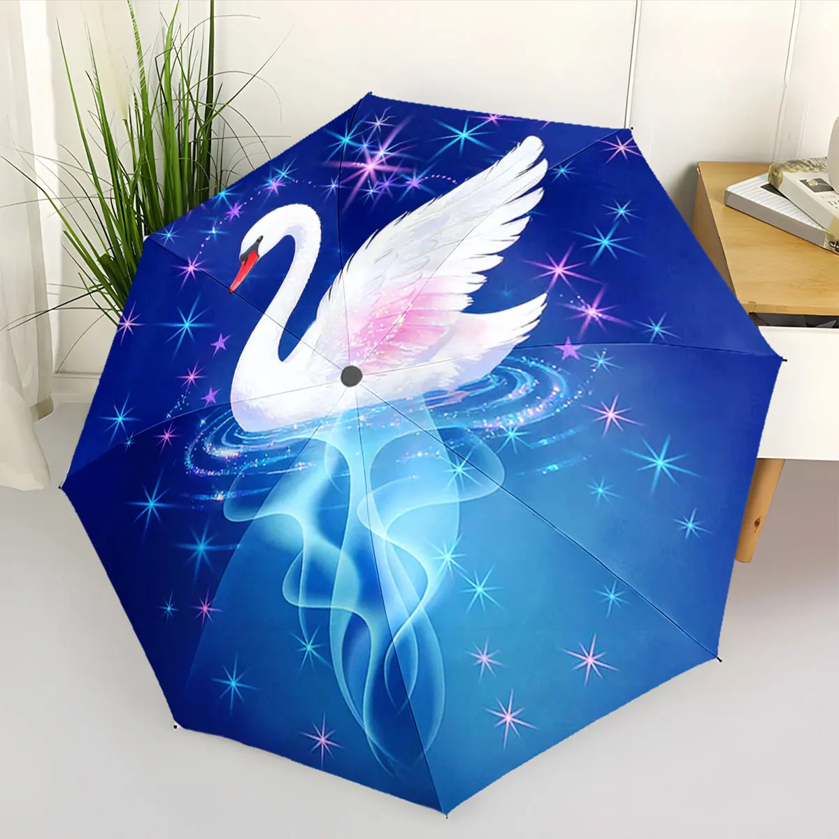 1PC Majestic Swan Design on Blue Umbrella Print 8 Iron Ribs Folding Umbrella Auto-Open Fashion Sunshade