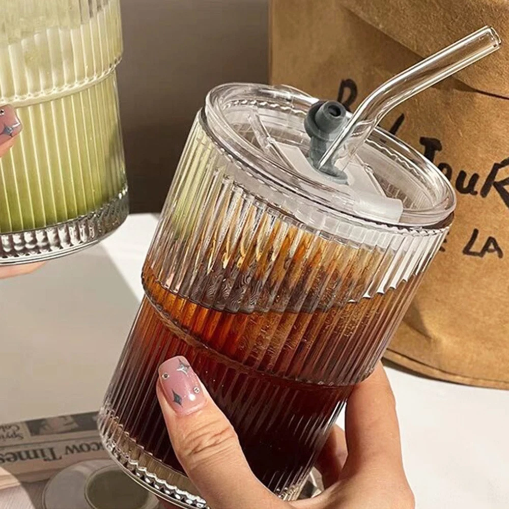 1PC Vertical Stripe Bamboo Cup Glass Straw Cup Milk Whiskey Cup Coffee Cup With Hand Gift With Lid