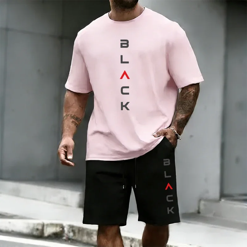 

Male Urban Fashion 2pcs Set Black Letter Print T-shirt and Shorts Men's Tracksuit Summer Daily Casual Sports Short Sleeve Outfit