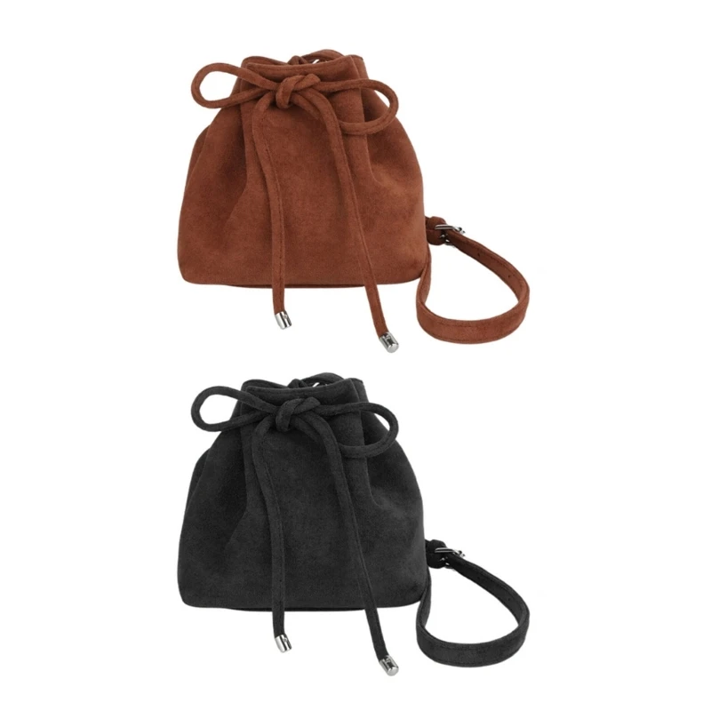 Vintage Pleated Drawstring Bucket Bag Women Solid Color Small Single Crossbody Shoulder Bag Lady Daily Casual All-match Handbag