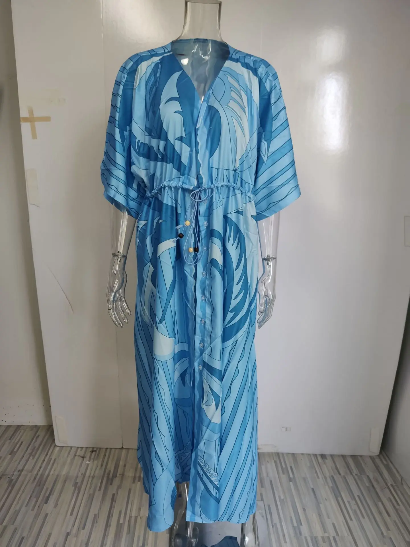 Mandylandy 2025 vestido Bohe de primavera para mujer, vestido ajustado de manga larga con cintura alta, vestido de playa con vuelo grande, vestido largo estampado con cordones y cuello en V