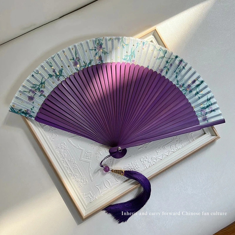Purple Gold Foil Bamboo Folding Fan Ink Wash Style Portable Summer Cooling Daily Fan for Women Hanfu Cheongsam Photography Gift