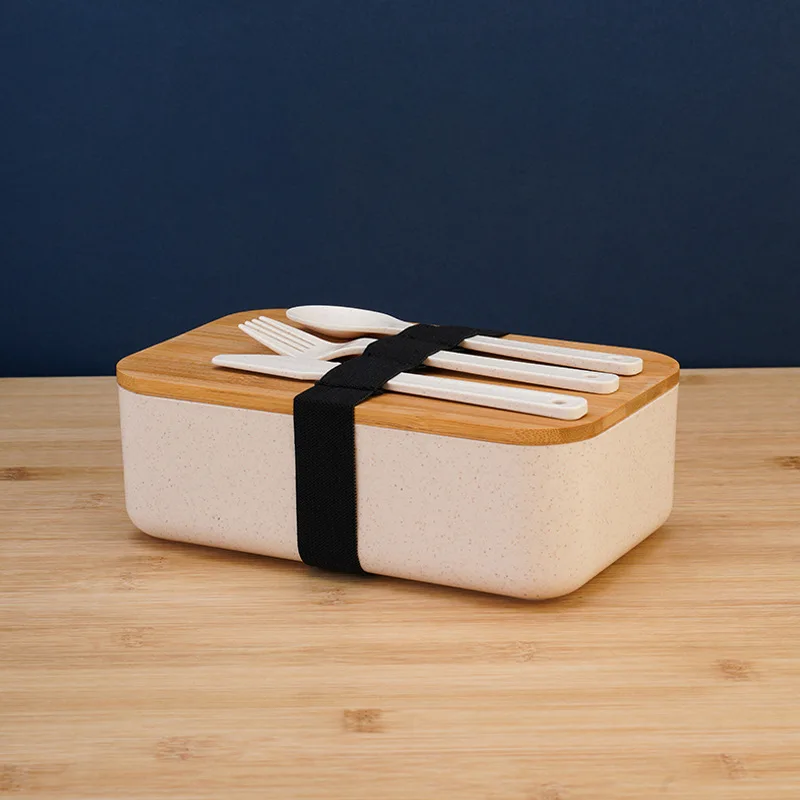 DIY Lunch Box with Customized Print Name LOGO Photo, Spoon, Fork, Knife, Eco Friendly Material, Bamboo Wood Cover, Food Safety