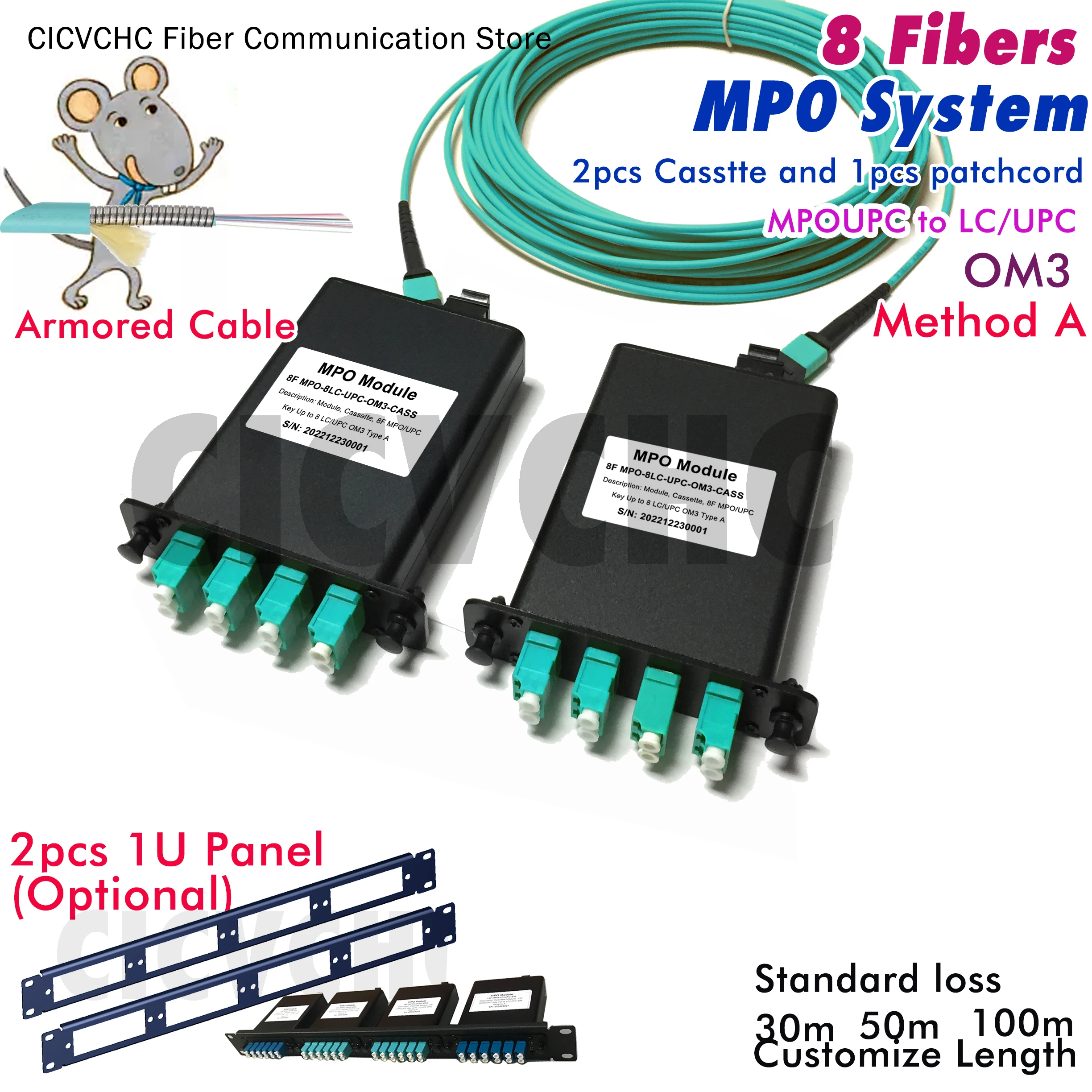 

8 Fibers MPO/UPC-LC-Armored Cable-System with 1U Panel-Method A-Multimode OM3-10m to 100m