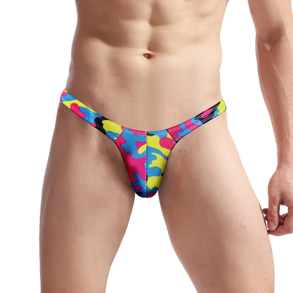 Sexy Men Thongs U Pouch Bikini Underwear Printed Low Rise G-string T-back Mini Briefs Seduction Erotic Underpants Short Panties