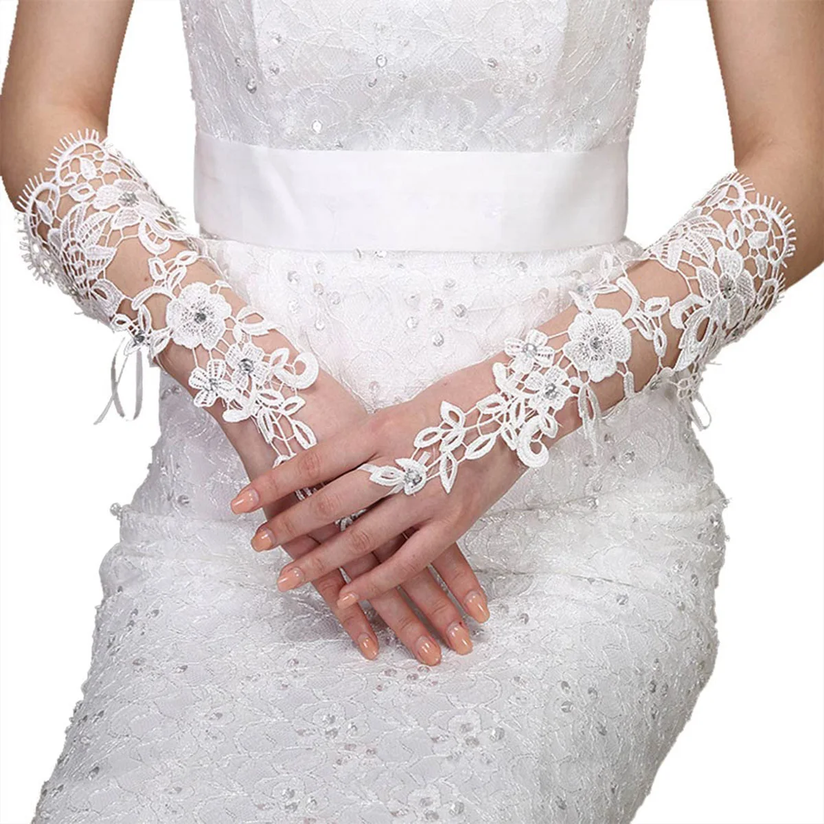 Guantes de boda de encaje de cristal para mujer, guantes de novia sin dedos con codo, accesorio largo Floral de marfil para novia