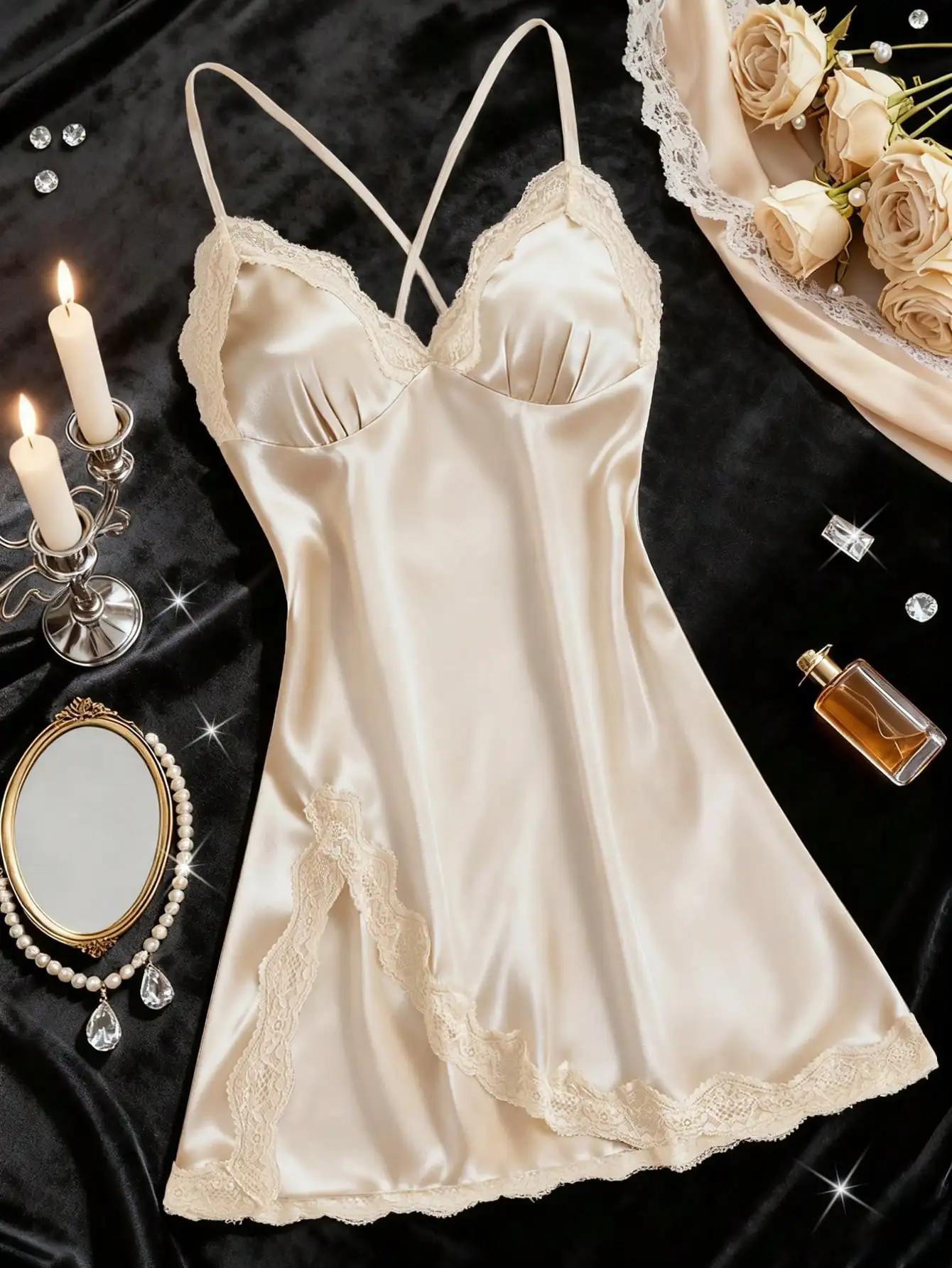 

Women's Satin Lace Trim Nightgown with V-Neck Criss-Cross Back and Side Slit, Elegant Sleepwear Dress