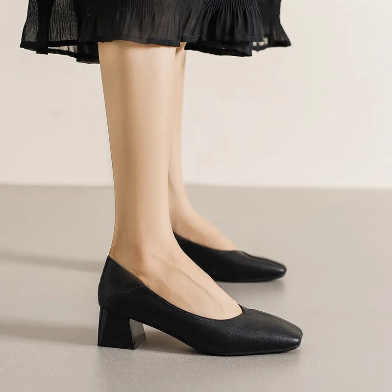 

Women's leather thick heel square head work black high heels to work professional commuter shoes comfortable fashion simple