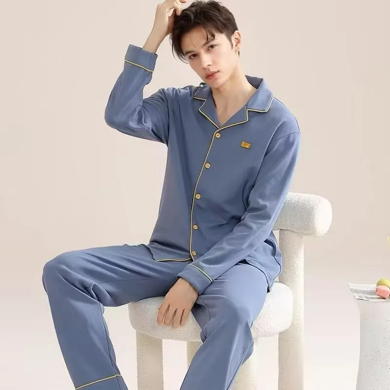 

Cotton Spring and Autumn Men's Pajama Set Home Clothes Youth Long Sleeve Long Pants Casual Plus Size Outable Set
