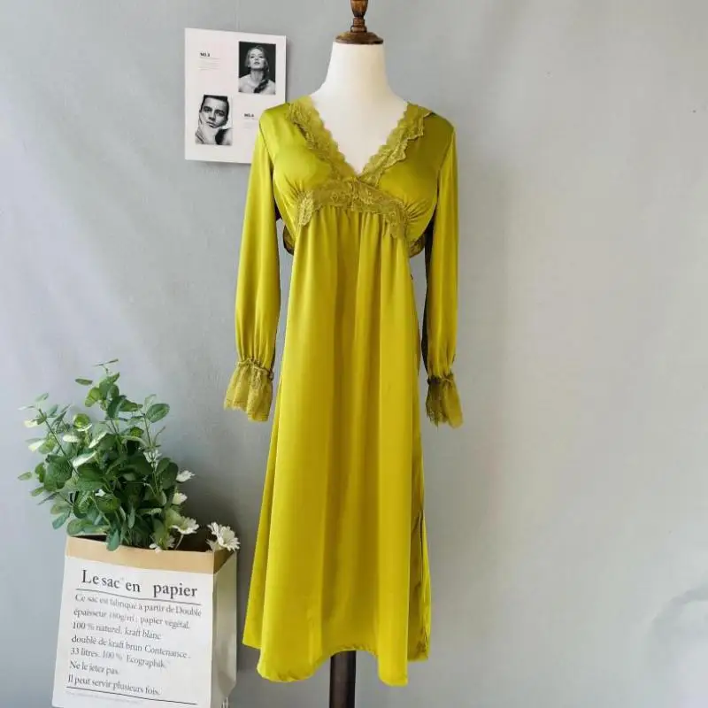 

Satin Nightdress With Lace Women Sleepwear Long Sleeve Nightgown Sleep Dress Hollow Out Intimate Lingerie Home Dressing Gown