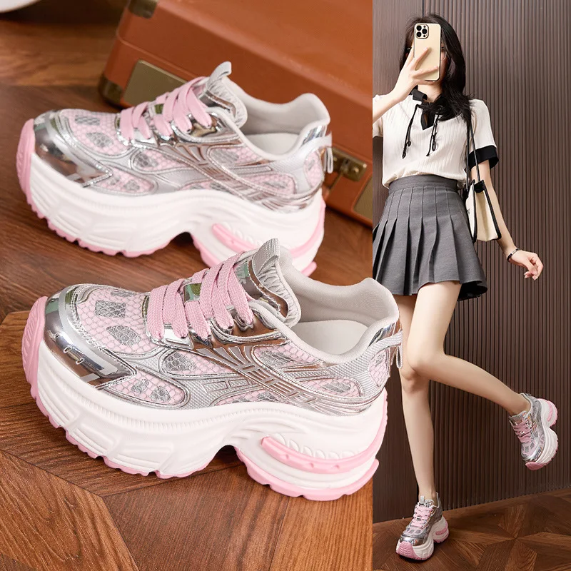 

9cm Platform Dad Shoes Women Summer Breathable Mesh Sneakers for Petite Height Increasing Casual Shoes