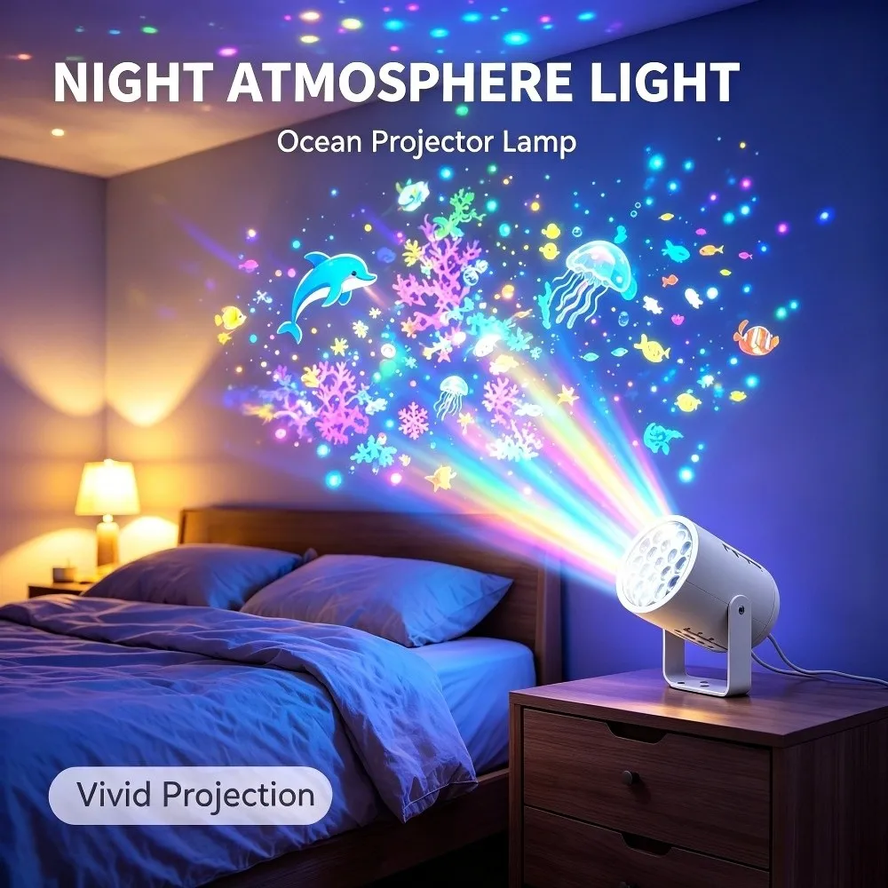 360 Degree Rotating Christmas Projector Light USB Powered Adjustable Stand Ocean LED Projector Dreamy Ocean-Themed