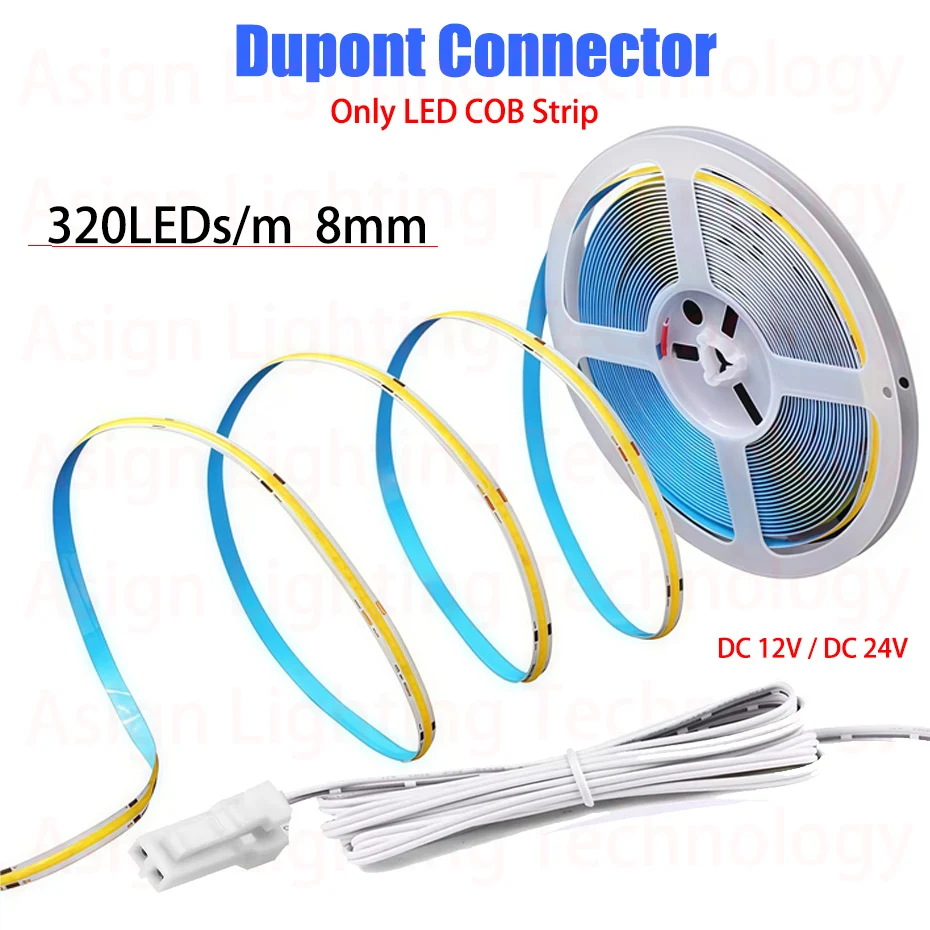 1m-5m Dupont Interface Only COB Strip Light DC12V 24V Warm White/Neutral White Soft Cuttable Lighting 8mm 320LEDs/m DIY Decor