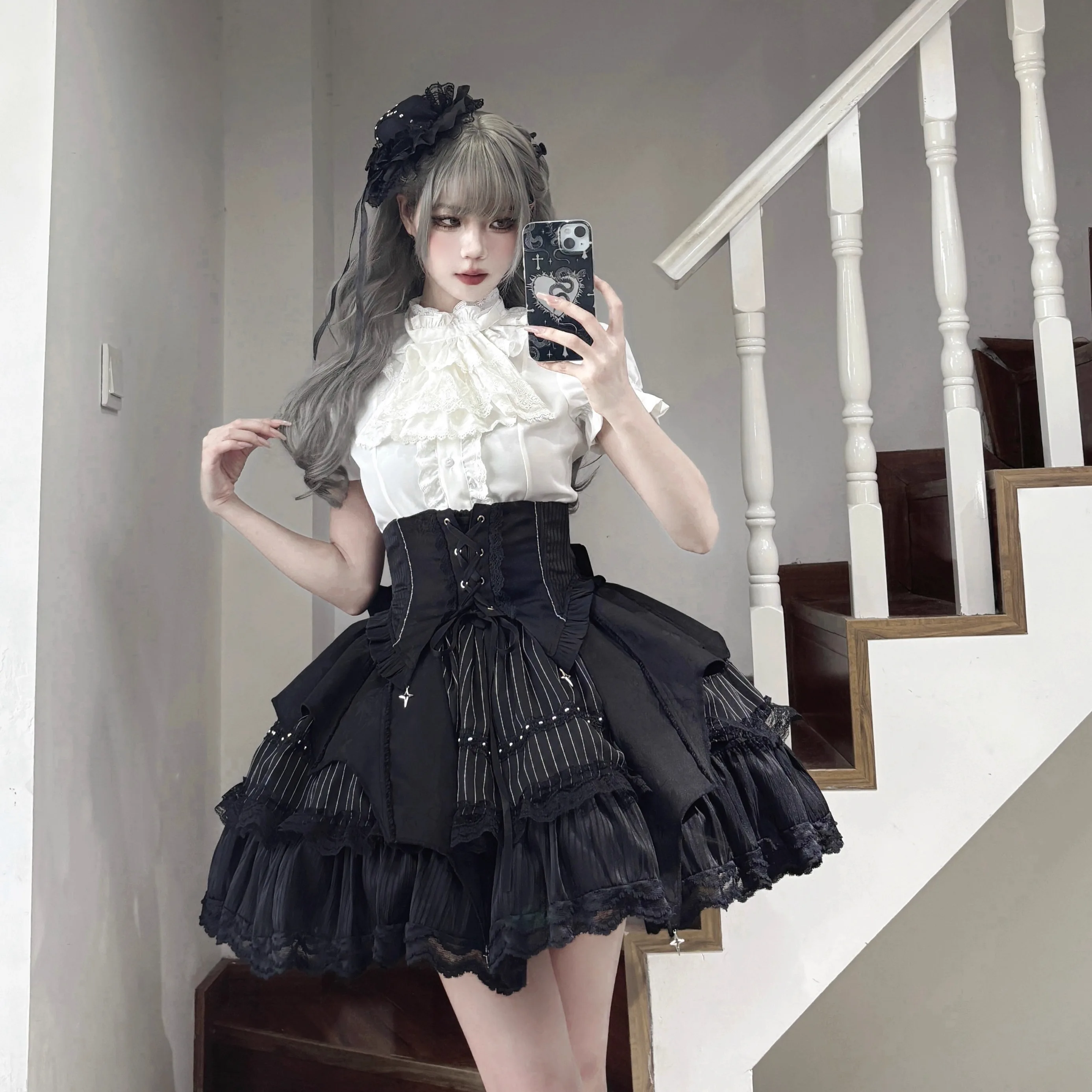 Black Goth Fish Bone Waist Seal Skirt Set Autumn Japanese