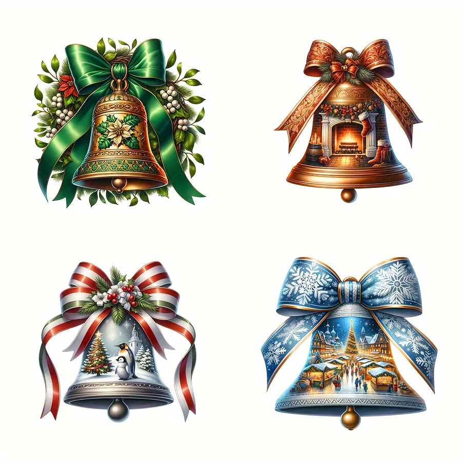 2D Flat 4-in-1 Christmas Bell Vinyl Sticker, Waterproof Decal for Car Motorcycle Bumper Decor, Holiday Gift