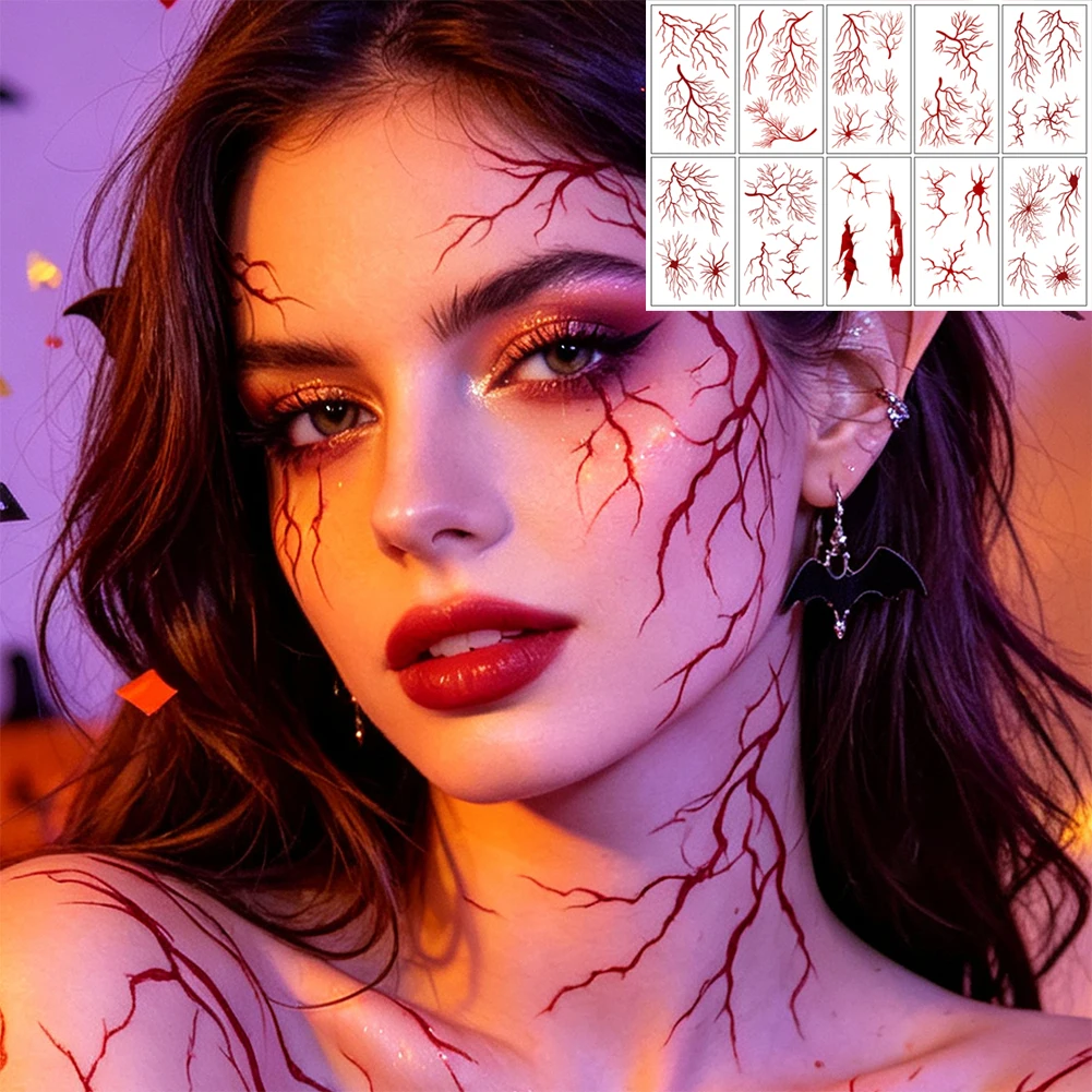 Halloween Vampire Blood Vein Temporary Tattoo Stickers Realistic Red Blood Pattern Face Arm Body Fake Tattoo Decals for Party